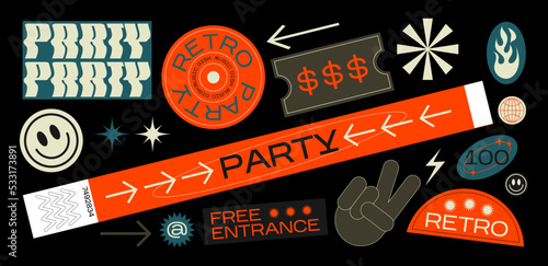 collection of various patches, labels, tags, stickers, bracelet brands for a disco party. vinyl, smile, free entrance, music. Funky hipster stickers in 90s style. Vector set, trendy promo labels