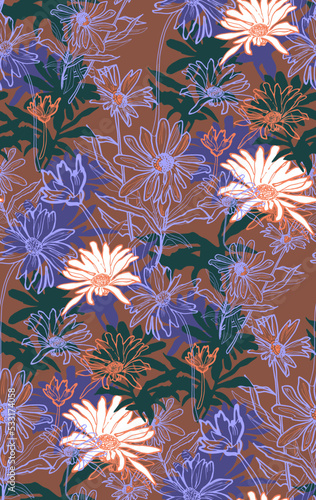 Wild flowers of chamomiles drawn by hand seamless pattern swatch. Vector floral endless design in freehand style for textile  fabric  wallpaper  home decor  bedding  package.