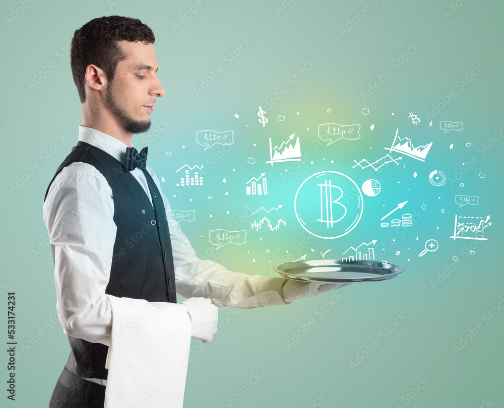 Handsome young waiter in tuxedo holding money icons on tray Handsome young waiter in tuxedo holding money icons on tray