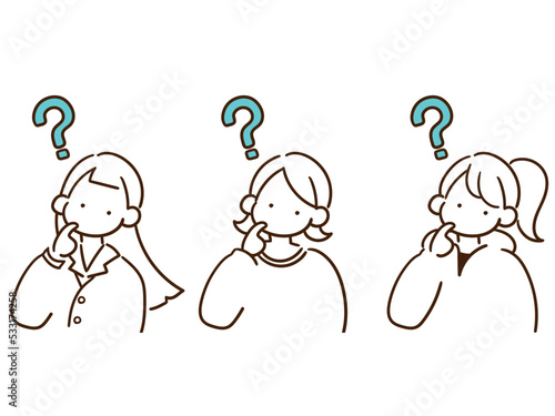 若い女性たちが疑問を持つおしゃれな線画イラストセット