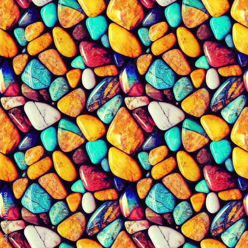 Polished gemstones seamless pattern. Tumbled pebbles repeating background. Realistic 3D illustration