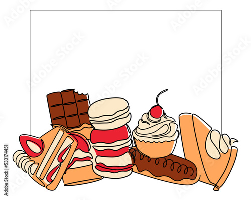 One line desserts. Cafe food menu border. Macaroon biscuit and cake. Delicious eclair and cupcake. Blank frame. Baked pie. Yummy chocolate. Tasty pastry. Vector outline confectioneries