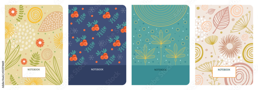 Book cover. Notebook kids pattern. Abstract autumn diary. Floral color collage. Cute grain flowers. Leaves and berries. Minimal drawing. Line circles. Vector botanical background template