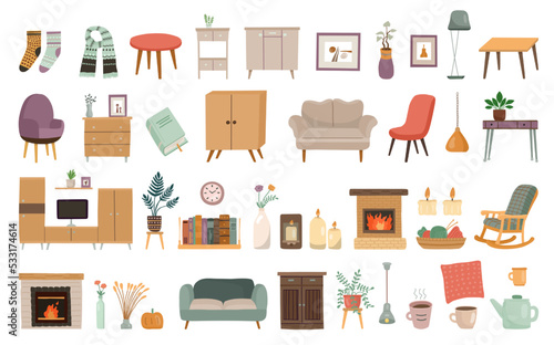 Interior decor. House furniture. Lamp and fireplace. Table plants. Comfortable sofa or armchair. Comfy couch. Soft socks and tea cups. Home hygge elements set. Vector modern illustration