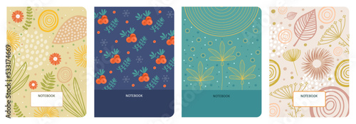 Book cover. Notebook kids pattern. Abstract autumn diary. Floral color collage. Cute grain flowers. Leaves and berries. Minimal drawing. Line circles. Vector botanical background template