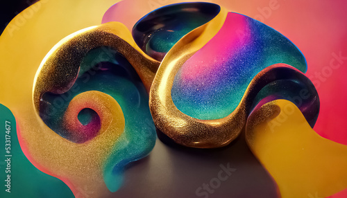 Multicolor neon gold abstract dynamic fluid liquid swirls shape background. 3D digital illustration.