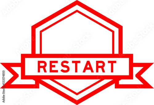 Vintage red color hexagon label banner with word restart on white background