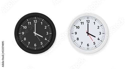 Wall watch face. Black or white dial. Round chronograph design with number icons and hour arrows. Office alarm clock. Time measurement instrument. Accurate timer. Vector timepieces set