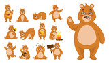 Brown bear character. Cute teddy. Animal actions and poses. Happy creature sleeping or dancing. Wild forest mammal eating honey. Funny plush baby pet. Vector cartoon grizzly activities set