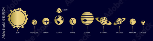 Planet icons. Solar system logo. Venus and Mercury in universe. Earth with Moon. Jupiter and Mars. Galaxy collection. Space gold signs. Cosmic elements set. Vector illustration background