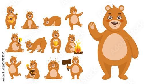 Fototapeta Naklejka Na Ścianę i Meble -  Brown bear character. Cute teddy. Animal actions and poses. Happy creature sleeping or dancing. Wild forest mammal eating honey. Funny plush baby pet. Vector cartoon grizzly activities set