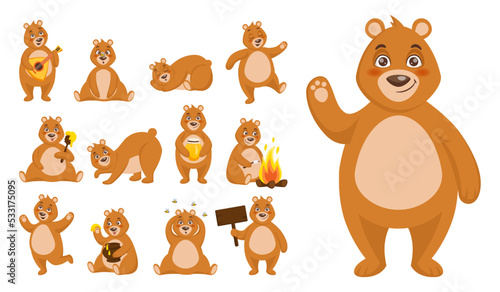 Brown bear character. Cute teddy. Animal actions and poses. Happy creature sleeping or dancing. Wild forest mammal eating honey. Funny plush baby pet. Vector cartoon grizzly activities set