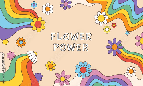 Groovy psychedelic flower power frame. Abstract art. Boho music banner. Bohemian positive logo. Blossoms rainbow traces. Colorful blooms. Funny floral background. Vector illustration