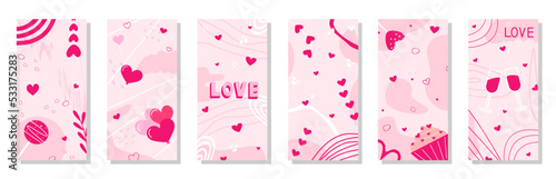 Love background. Cute social media story. Spring holiday greeting card collection, vertical cover or poster, romantic gift. Abstract pink backdrop, valentine day texture. Vector template set