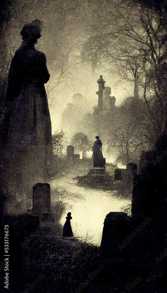 Gloomy dark landscape, old Victorian photo style. Ghosts in abandoned church ruins. 3D illustration. Gloomy dark landscape, old Victorian photo style. Ghosts in abandoned church ruins. 3D illustration.