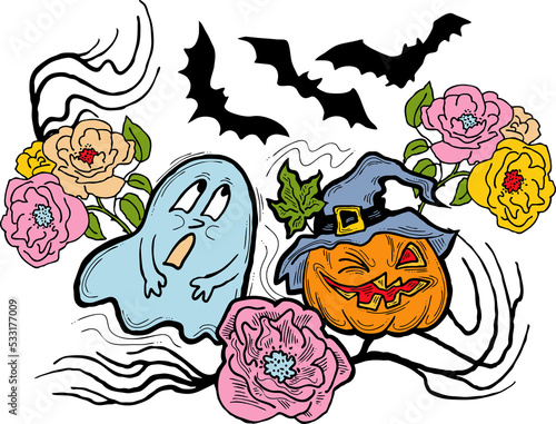 Halloween decorative design composition with pumpkin. ghost, bat. Hand drawn illustration for poster print, party invitation, sale promotion, banner advertisement. Funny, scary cartoon characters.