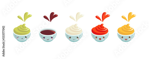Set of different cute dipping sauces: mayonnaise, guacamole, ketchup, soy and mustard. Isolated on white background