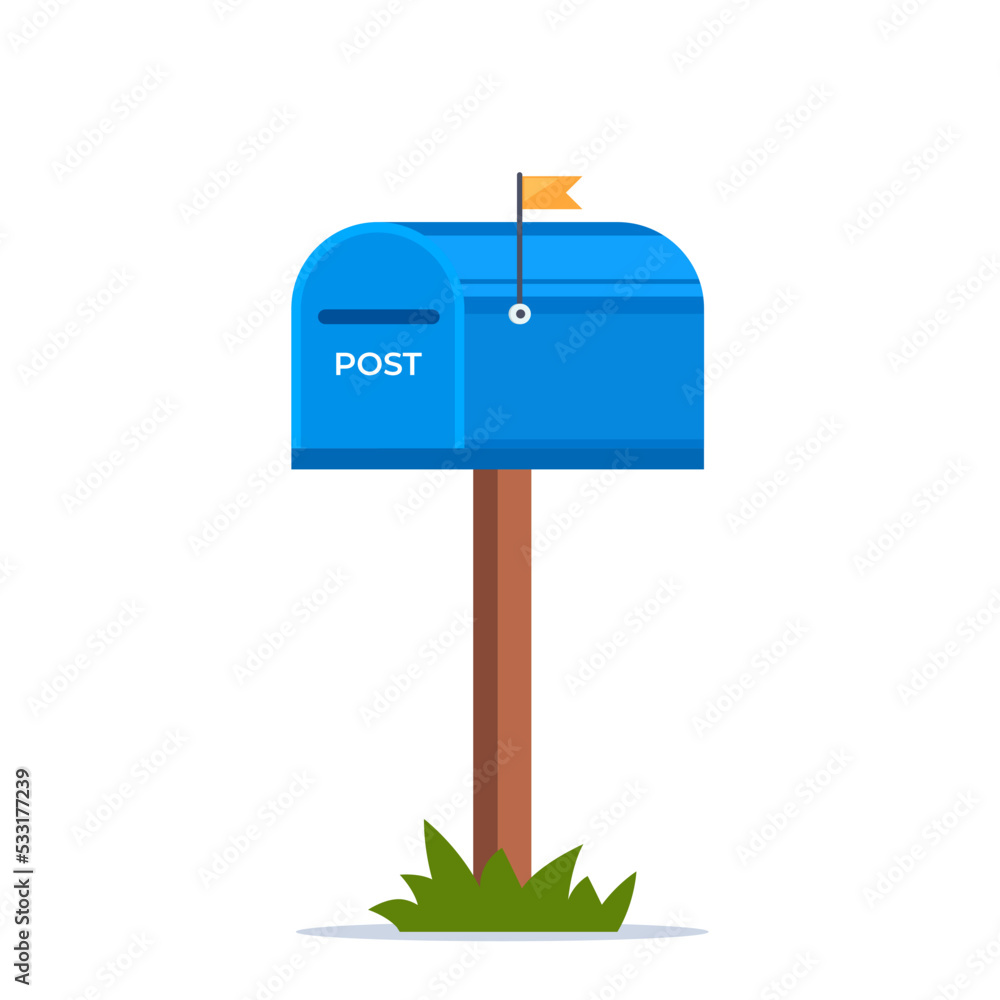 Mailbox with a closed door and raised flag. Blue post box, isolated on white background. Vector illustration. Mailbox with a closed door and raised flag. Blue post box, isolated on white background. Vector illustration.