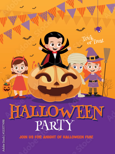 Group of kids in Halloween costume sitting on a giant pumpkin. Halloween party template poster