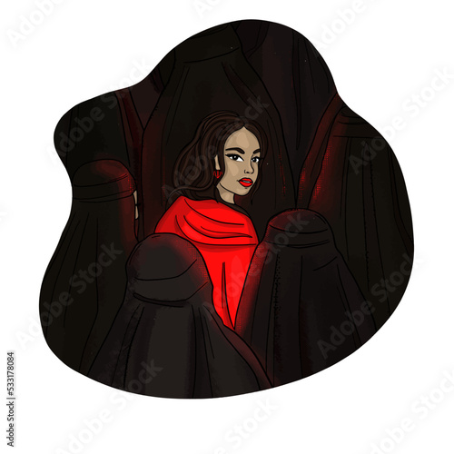 Iranian Woman protestor in red hijab surrounded by women in black hijabs. Arabic Woman showing hair. Iranian woman. Woman solidarity. Isolated on white background