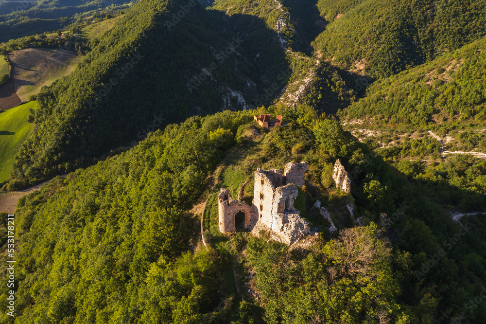 Aerial view of castle ruins in Marche region in Italy
