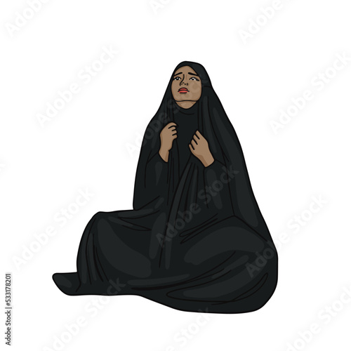 Flat vector design of woman in hijab. Siting woman in black hijab. Iranian woman. Isolated on white background. Woman solidarity.