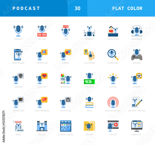 Podcast flat color style icons. Set of studio, business, finance, comedy, horror, and more. Can used for digital product, presentation, UI and many more. Vector illustration on a white background.