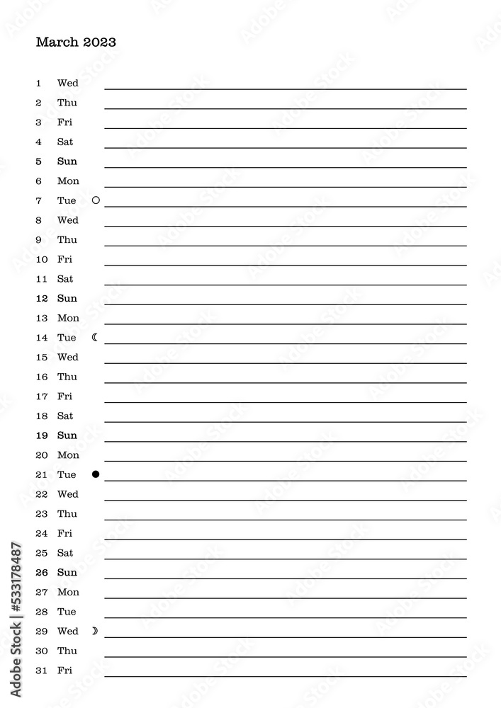 Monthly calendar of year 2023, March Monthly calendar of year 2023, March