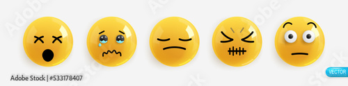 Emotion Realistic 3d Render. Set Icon Smile Emoji. Emotions face misunderstanding, disappointment and tears, misunderstanding, resentment, surprise. Vector yellow glossy emoticons. Pack 11