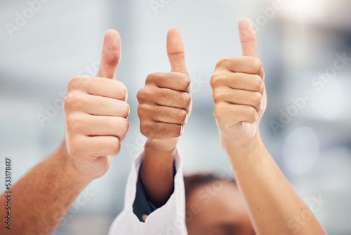 Yes, success or thank you thumbs up hand sign of workers happy about work goal or target completion. Winner, teamwork agreement or team win of business people with diversity and motivation together