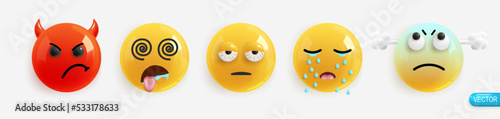 Emotion Realistic 3d Render. Set Icon Smile Emoji. Emotions face evil, tongue out and drooling, tired, tears, steam from ears. Vector yellow glossy emoticons. Pack 20