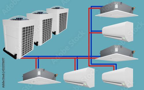 multi system multiple outdoor units and multiple indoor air conditioner units 3d photo