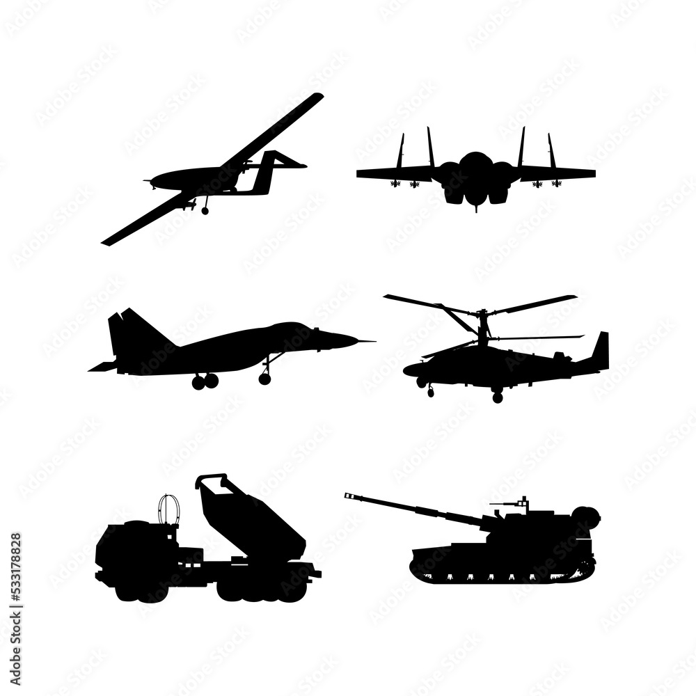 Isolated Silhouettes War Transport. Vector Illustration of Army. Stock ...