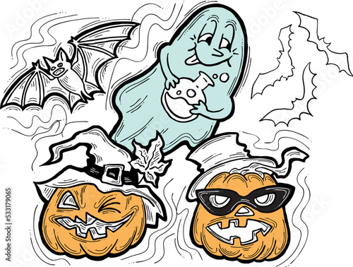 Halloween decorative design vector composition. Pumpkin. ghost, bat. Hand drawn illustration for poster print, party invitation, sale promotion, banner advertisement. Funny, scary cartoon characters.