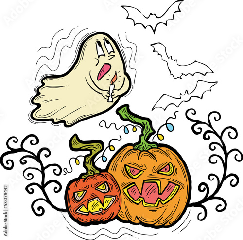 Halloween decorative design vector composition. Pumpkin. ghost  bat. Hand drawn illustration for poster print  party invitation  sale promotion  banner advertisement. Funny  scary cartoon characters.