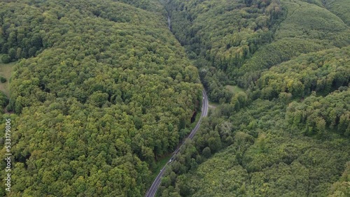 Wallpaper Mural drone footage with road in the mountains with green trees following cards Torontodigital.ca