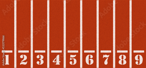 Cartoon running track with lane numbers or track numbers. Place where people exercise or sport place. lanes of running track. Track and field sports. Raceway, lines and numbers from top view