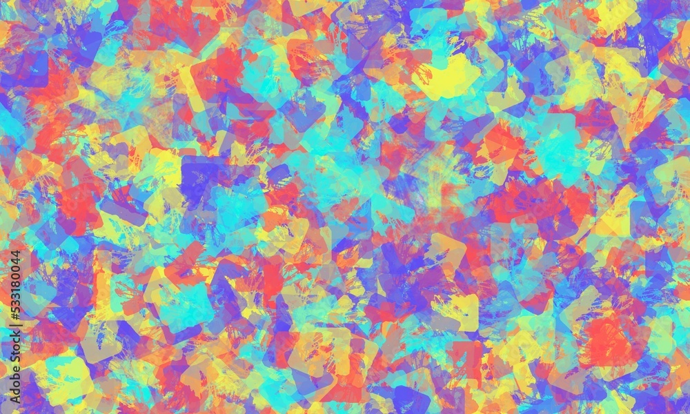 Blue, yellow and red chaotic brush strokes with abstract brush shapes. Bright seamless texture