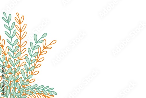 Hand drawn doodle vintage inspired fern plant with leafy branches design corner isolated white background in orange green color