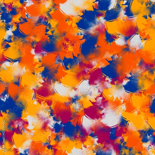 Big ramdom multicolored brush strokes, abstract background. Blue, orange, red, yellow and white colors. Seamless pattern.