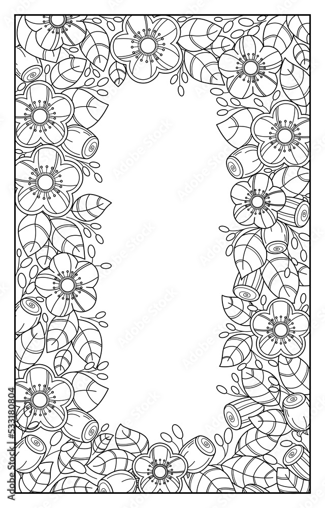 Beautiful floral frame of stylized contour black and white flowers, leaves and buds with berries.