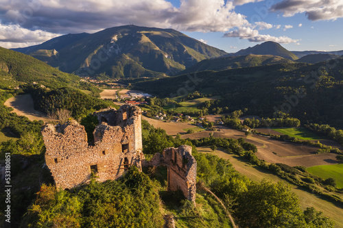 Aerial view of castle ruins in Marche region in Italy
