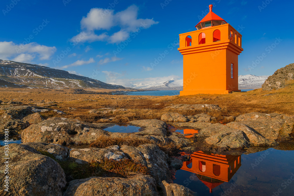 Djupivogur Lighthouse is located on the southeast coast of Iceland, on a rocky point on the west side of the port of Djúpivogur.