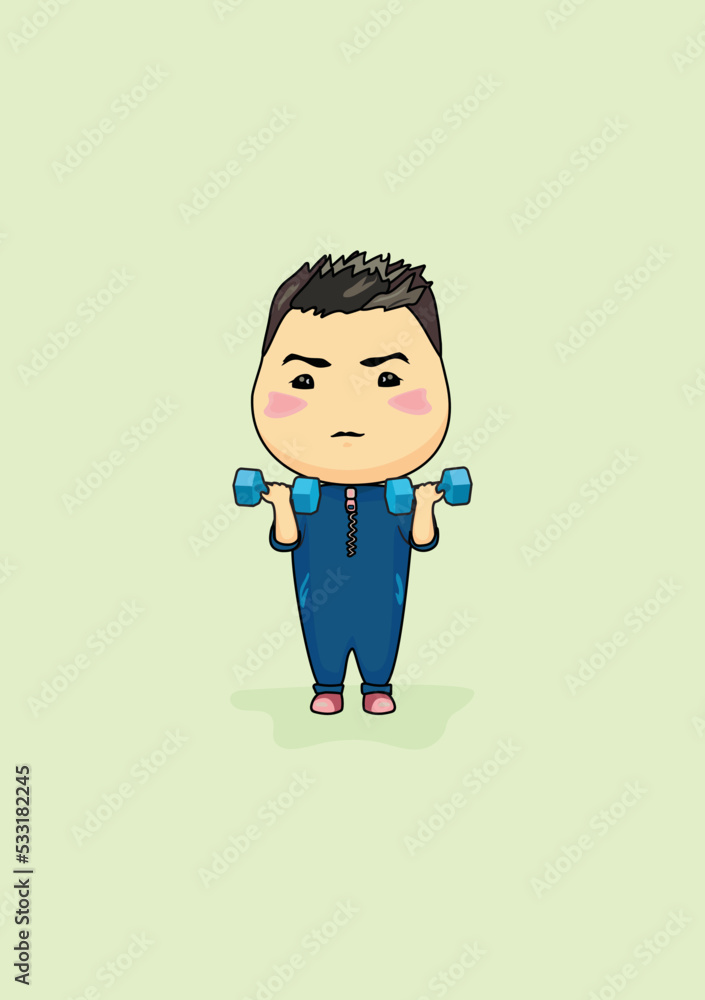 Cartoon image of a boy with dumbbells in a dark blue suit. Postcard with a baby athlete working out
