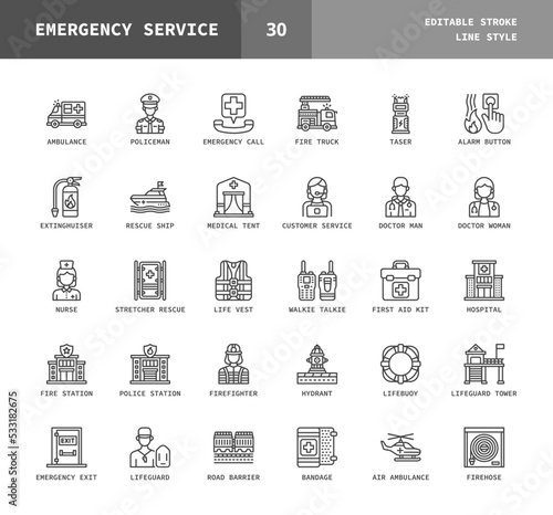 Emergency Services line style icons. Editable stroke and pixel perfect. Set of ambulance, firefighter, policeman, medical and more. Can used for digital product, presentation, UI and more.