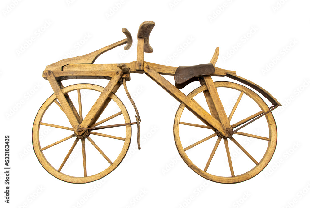 Fototapeta premium Wooden bicycle, boneshaker, isolated on white background