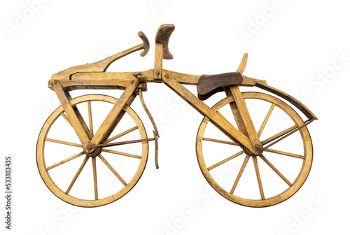 Wooden bicycle, boneshaker, isolated on white background photo