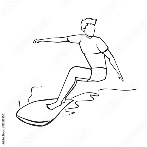 Vector illustration of hand drawn surfer riding on surfboard. Sport concept