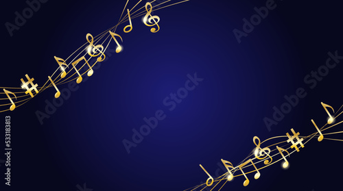 Music notes melody background. Gold notes symbols on dark blue background. Vector. photo