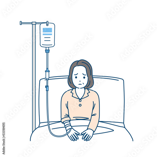 入院する中年の女性　ミドル　病院　患者　病気　イラスト